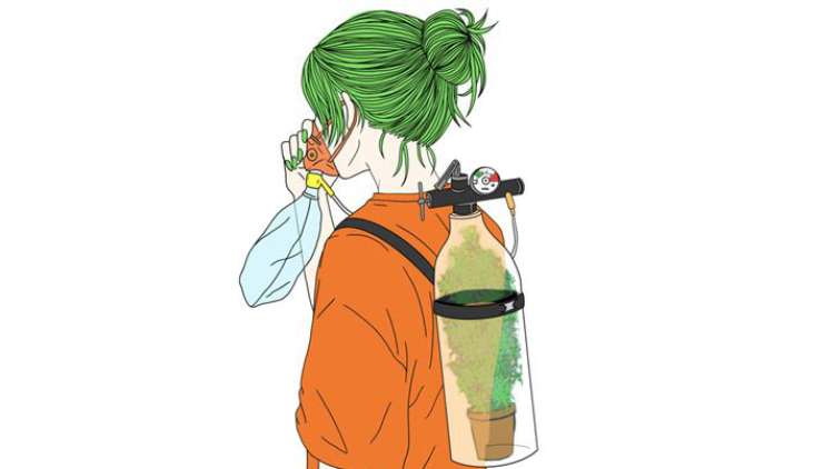 llustration eines Mädchens mit grünen Haaren und einer Sauerstoffflasche Nachhaltigkeit, Illustration, Pflanze, Sauerstoffflasche, Mädchen