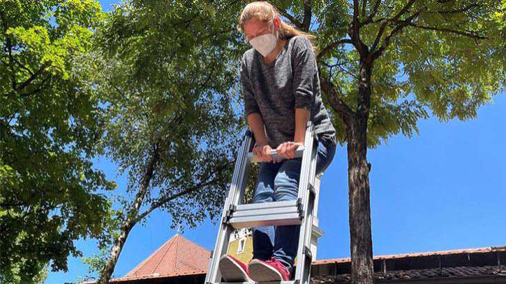 Junge Frau auf einer Leiter